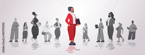 businesswoman leader standing in front of businesspeople group leadership business competition concept horizontal full length vector illustration