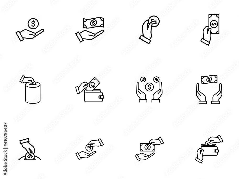 Fototapeta premium Simple Set of Money Related Vector Icons, Contains such Icons as Wallet, ATM, Bundle of Money, Hand with a Coin and more. color editable. eps 10
