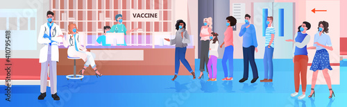mix race patients standing in vaccination waiting line coronavirus vaccine injection fight against covid-19 concept hospital ward interior horizontal full length vector illustration
