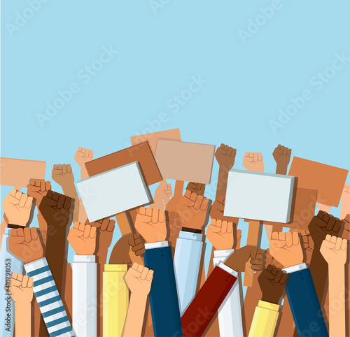 Group of fists raised in air. Group of protestors fists raised up in the air vector illustration