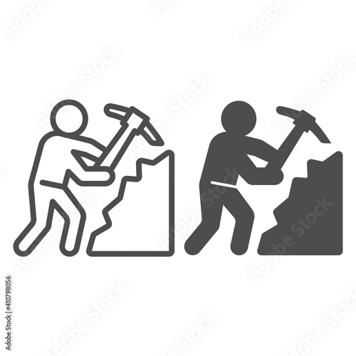 Miner with pickaxe line and solid icon, labour day concept, Pile of coal and man with pickaxe sign on white background, Miner icon in outline style for mobile concept and web design. Vector graphics.