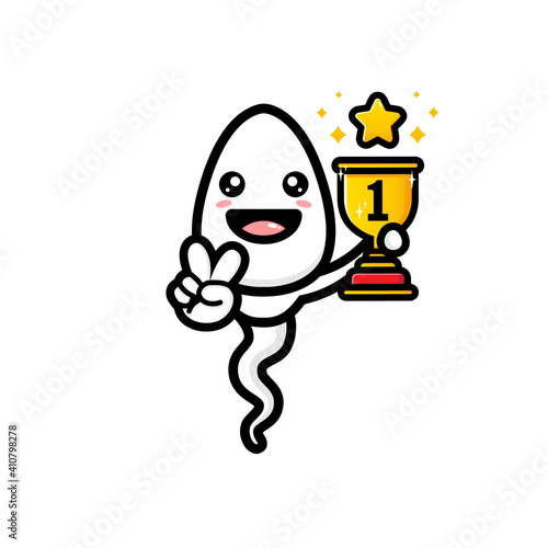 cute sperm vector design holding first champion trophy