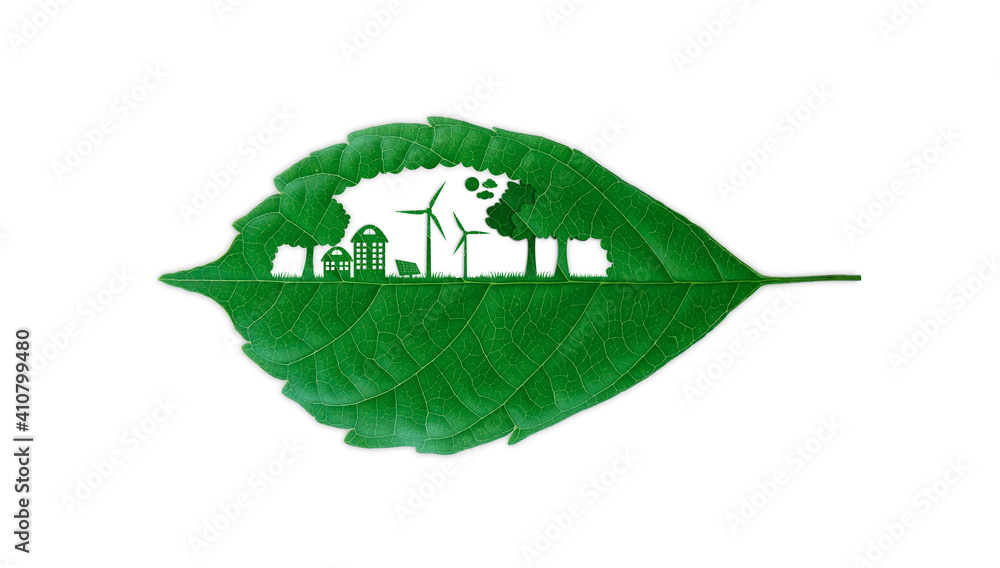 The house with turbine and solar cell clean energy object cutting green leaf. Save the earth and environment green natural ecology. The house with turbine and solar cell clean energy object cutting green leaf. Save the earth and environment green natural ecology.