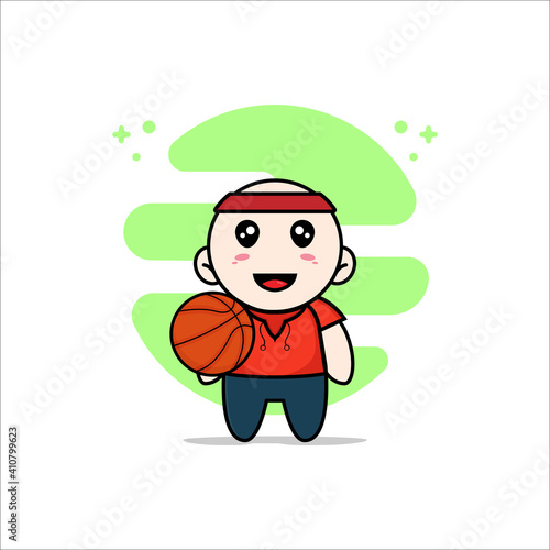 Cute kids character holding a basket ball.