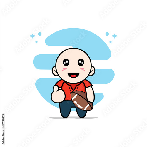 Cute kids character holding a rugby ball.