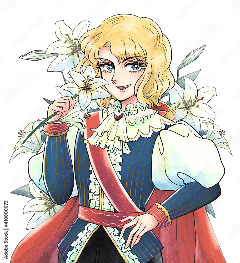 昭和の少女漫画風 百合の花を持った王子様 男装の麗人 花の背景 Ilustracion De Stock Adobe Stock