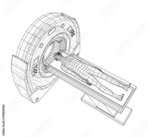 MRI machine scanning patient inside. Vector