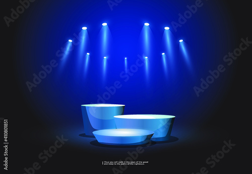 products background. Light box with blue platform on blue backdrop with spotlights. Vector illustration.