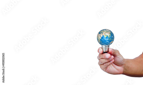 The earth in a light bulb on white background. green energy for environment and save the earth ecology concept.
