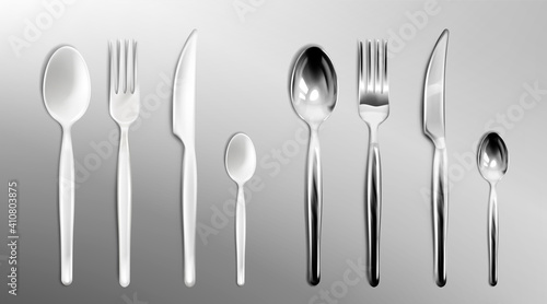 White plastic and steel cutlery isolated on transparent background. Vector realistic set of flatware, stainless or silver fork, spoon and knife, disposable plastic tableware