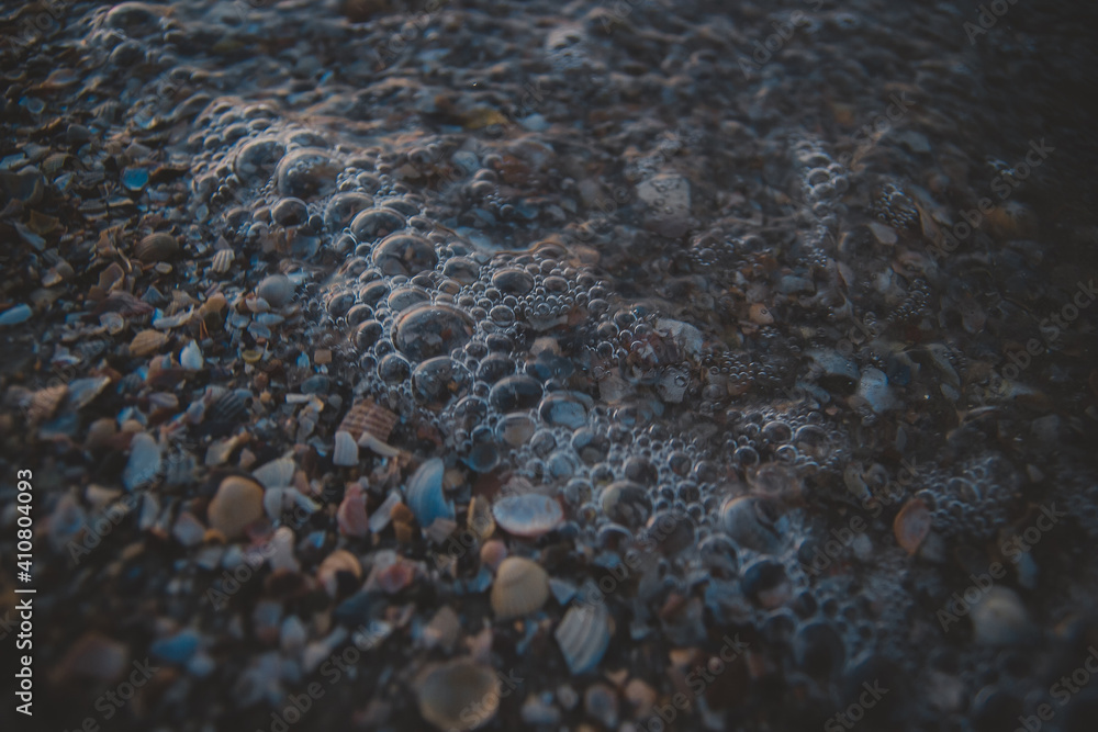 Beach with whole and beaten shells with small sea wave. The mass of shells on the coast of the sea covered by the waves. Texture seashells background. Natural pattern backdrop. Beach with whole and beaten shells with small sea wave. The mass of shells on the coast of the sea covered by the waves. Texture seashells background. Natural pattern backdrop.