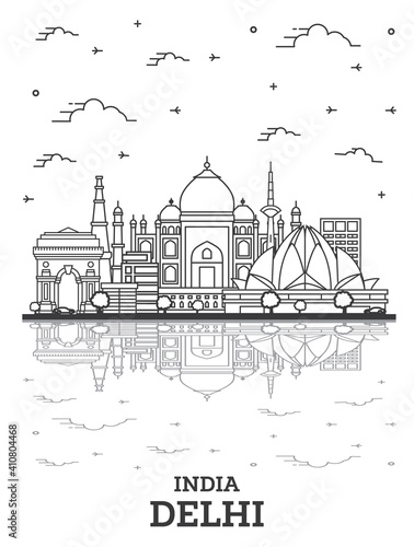 Outline Delhi India City Skyline with Historic Buildings and Reflections Isolated on White.