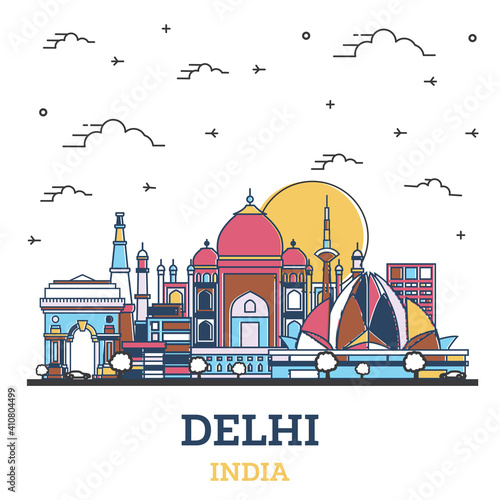 Outline Delhi India City Skyline with Colored Historic Buildings Isolated on White.