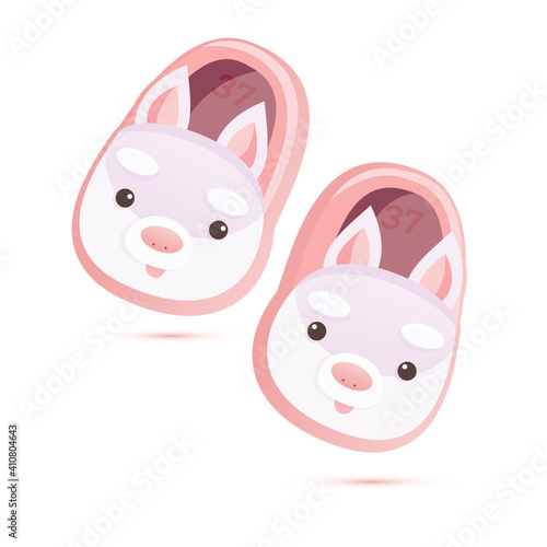Pair of Pink Soft Home Slippers with Rabbits Isolated on White.