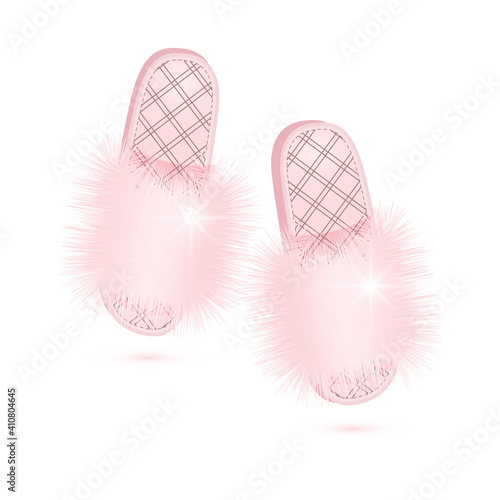 Pair of Fashion Pink Fur Slippers Isolated on White. Luxury Women's Shoes.