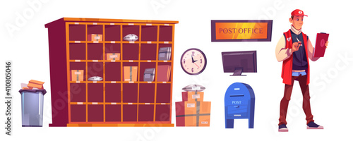 Postman and post office with parcels on shelves, cardboard boxes, computer and mailbox. Vector cartoon interior set of service for delivery and storage mail and orders isolated on white background