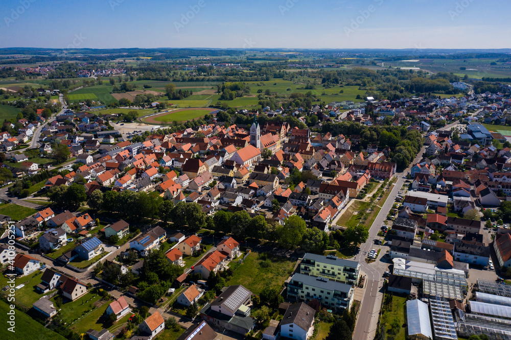 Aerial view of the city Neustadt an der Donau in Germany, Bavaria on a sunny spring day	