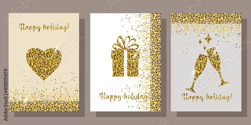 set of templates, covers, and postcards for any holiday or celebration. restrained colors, golden texture, holiday symbols made of gold sequins. stock vector illustration. EPS 10.