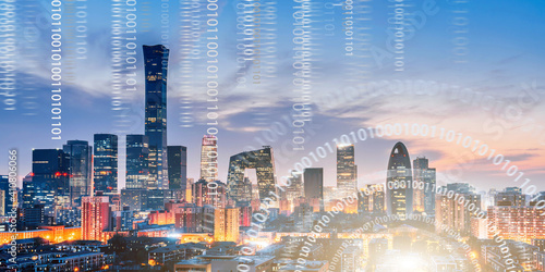 Photography Big data concept of building night view and urban interconnection in Beijing CBD