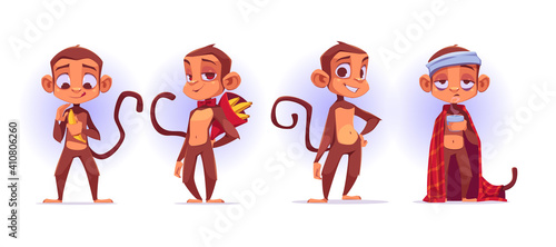 Monkey cartoon characters, cute apes mascot peel and presenting banana, got flu wrapped in plaid with hot drink in cup, stand with arms akimbo isolated on white background, vector illustration, set