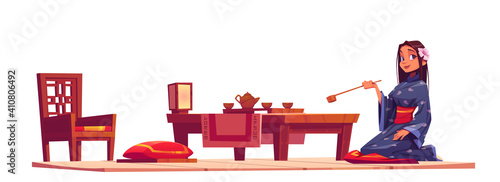 Japanese tea ceremony. Girl in kimono and traditional wooden furniture of chinese living room. Vector cartoon illustration with geisha, cups and teapot on table, chair and red cushions