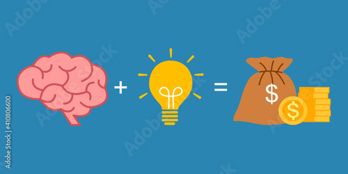 Brain, lightbulb and money in flat design. Creative idea in business investment generated profit.