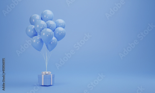 3d rendering. Blue gift box with balloons on pastel background with copy space. Minimal concept.