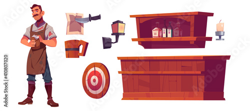 Bartender and old tavern interior with wooden bar counter, shelf with bottles, lantern and beer mug. Vector cartoon man waiter in vintage saloon, darts target and paper pinned by knife