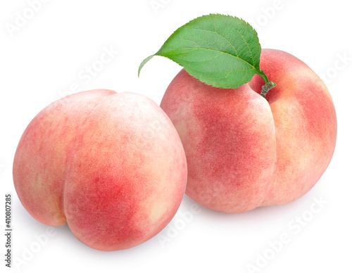 Peach fruit with leaf isolated on white background, Fresh Peach on White Background With clipping path.