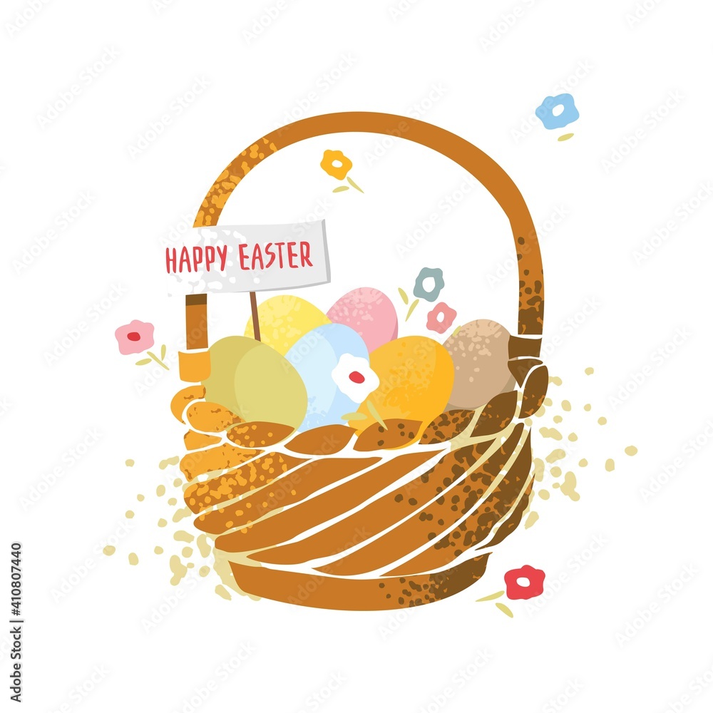 Wicker basket with colored eggs, flowers, happy Easter lettering in vintage style isolated on white. Happy Easter banner template. Card for the spring holiday in pastel colors. Vector illustration.