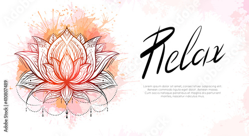 Horizontal template with tribal contour lotus, orange watercolor splashes and lettering relax. Religious spiritual postcard. Water lilies with native pattern. Banner with symbols for yoga centers.