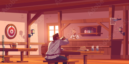 Man in beer pub, retro tavern or antique bar interior with barista stand at desk, benches and tables, wooden barrel, shelf with bottles, lantern and darts, old style saloon Cartoon vector illustration