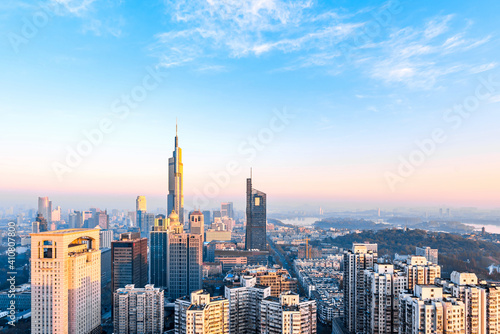 Dusk scenery of Zifeng Building and city skyline in Nanjing  Jiangsu  China 