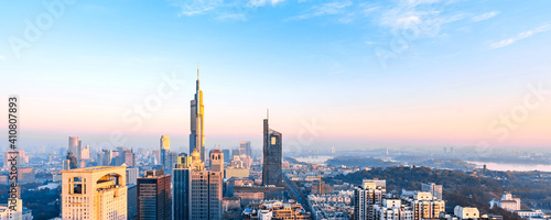 Dusk scenery of Zifeng Building and city skyline in Nanjing, Jiangsu, China 