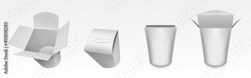 Empty white Wok box, paper packaging for chinese food, noodle or rice with chicken. Vector realistic mockup of closed and open takeaway boxes in front and top view isolated on transparent background