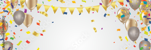 Celebratory seamless banner - white, yellow, glitter gold balloons and golden foil confetti. Vector festive illustration. Holiday design.