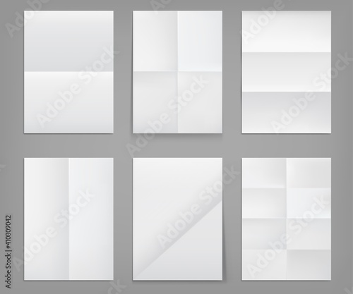 Folded posters, white paper blank sheets of wrinkled texture. Mockup for flyer, advertisement or letter with folds, crumpled torn pages isolated on grey background Realistic 3d vector illustration set