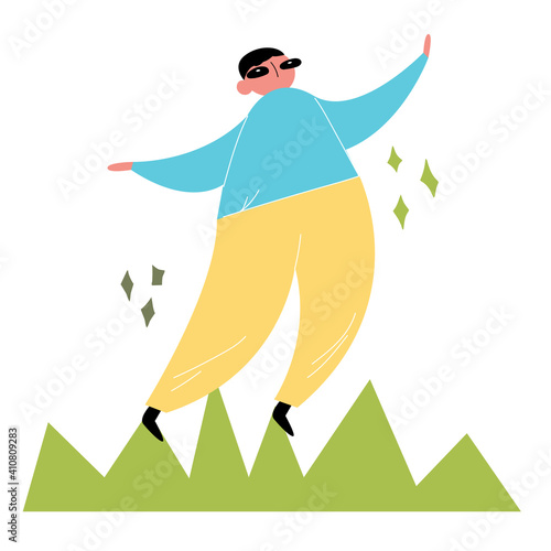 Unstable situation. The cartoon character is walking an awkward path. Color vector hand-drawn illustration. Flat style. All graphic elements are isolated on a white background.
