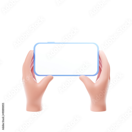 3D Cartoon hands holding smartphone horizontal way with blank screen on isolate white background, phone mockup. 3d render illustration.
