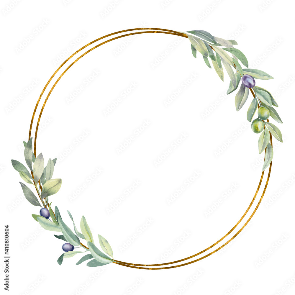 Hand paint watercolor gold frame with olive branches and leaves on ...