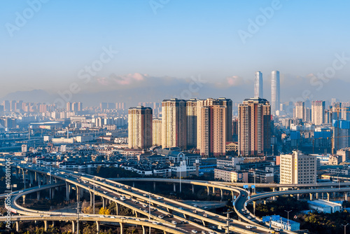 The distant scenery of the Juhua Overpass and the Twin Towers in Kunming, Yunnan, China