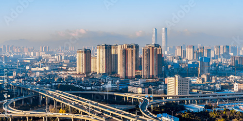 The distant scenery of the Juhua Overpass and the Twin Towers in Kunming, Yunnan, China