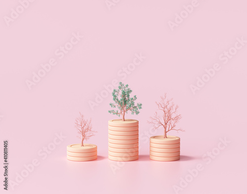Minimal Coin stacks growing graph with trees on pink background. Growing trees on coin stacks, Business investment and saving money concept. 3d render illustration photo