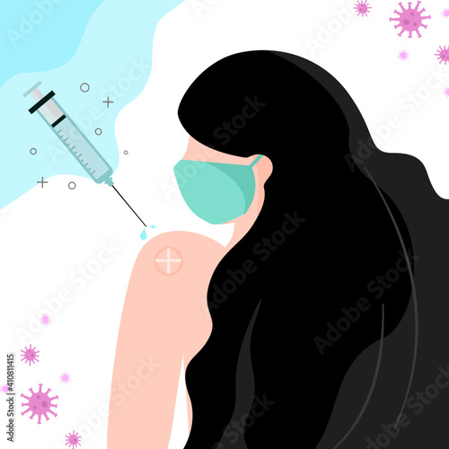 Coronavirus vaccination immunization against covid-19, vaccine campaign of people against infection and bacterial disease. A woman get vaccinated. Concept for immunity health. Flat vector illustration