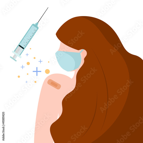 A women get the influenza or covid19 vaccine. Coronavirus vaccination immunization. Vaccination campaign of people against infection. Concept for immunity health. Flat vector illustration.