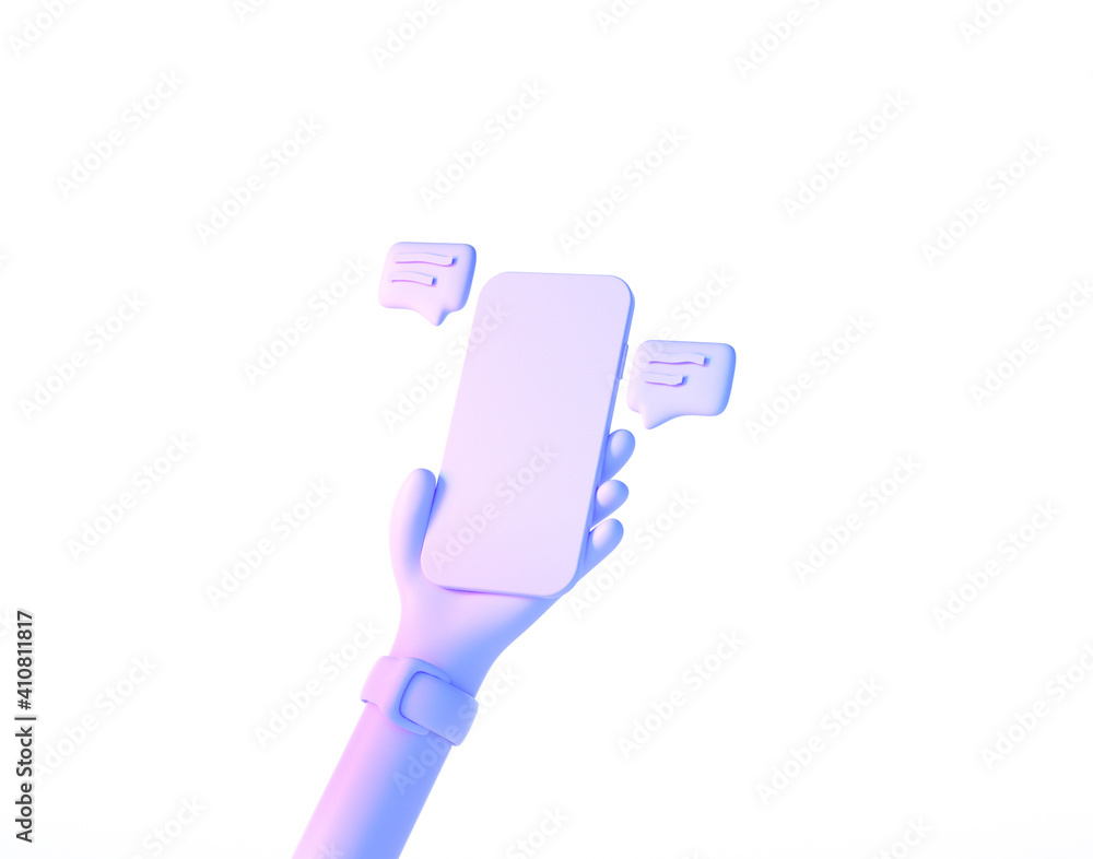 3D cartoon hand holds smartphone with chat message on isolate white background. 3d illustration 3D cartoon hand holds smartphone with chat message on isolate white background. 3d illustration