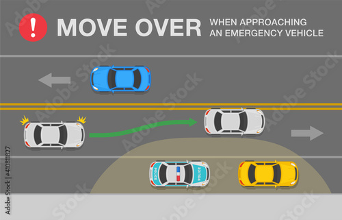 Move over for emergency vehicles. Vehicle on the shoulder in a single lane. Police stop a car on the street. Flat vector illustration infographic template.
