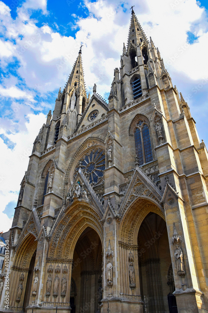 Beautiful Gothic church looking upwards. Photo taken in Paris, France