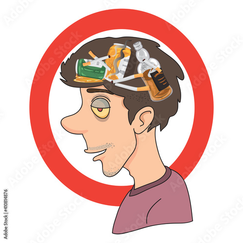 Man with alcohol and cigarette addiction on head, vector illustration cartoon
