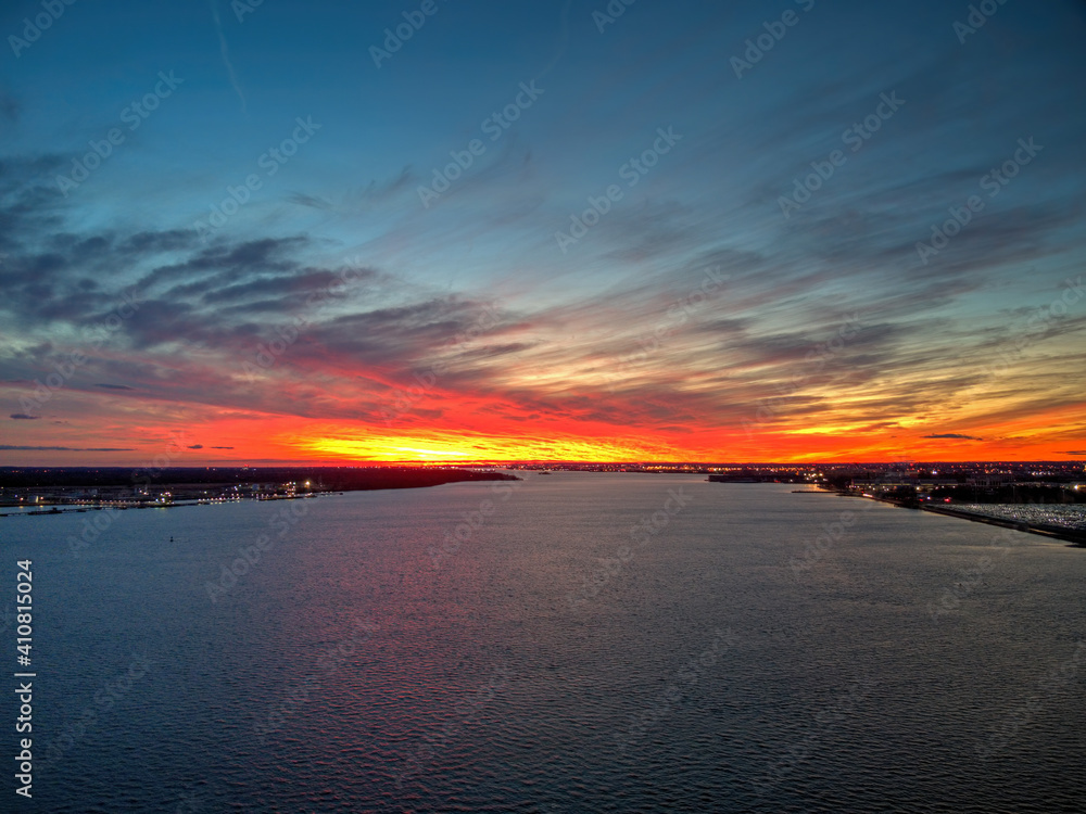 Aerial View of Intense Sunset over Delaware River